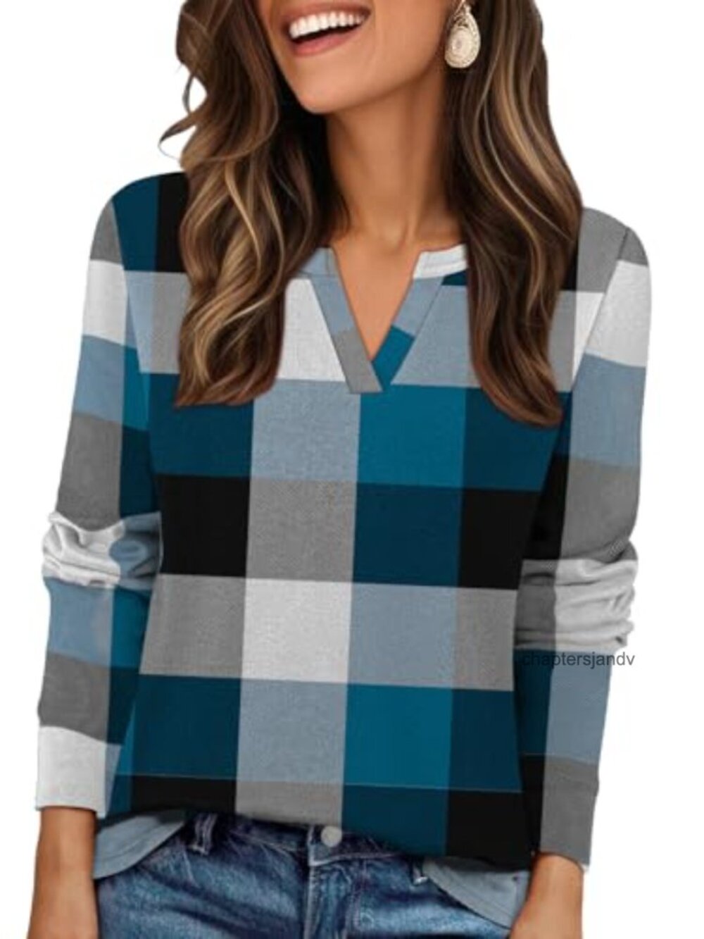 Womens Plaid V Neck Fleece Tunic Top Long Sleeve Pullover Fall Winter